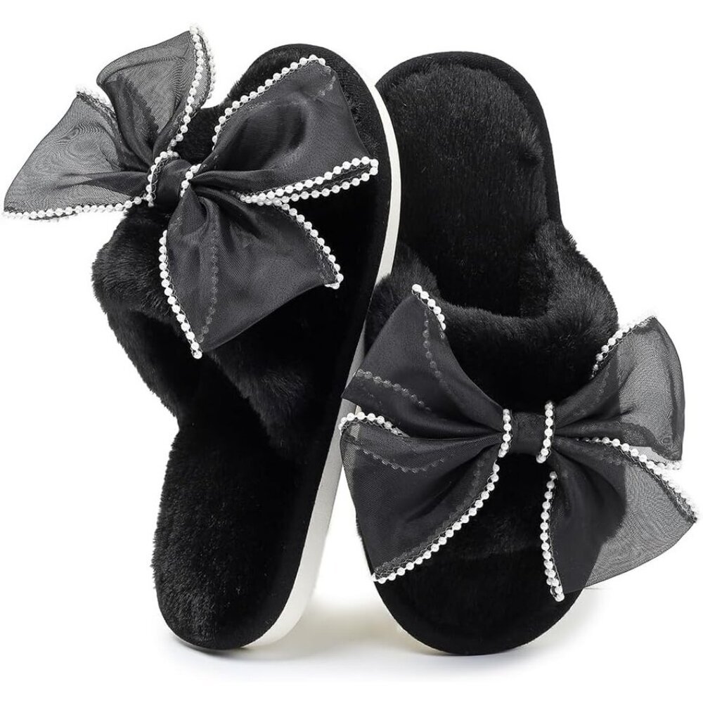 Women's Black Cute Bow Open Toe Fuzzy House Memory Foam Anti Skid Slippers Shoes